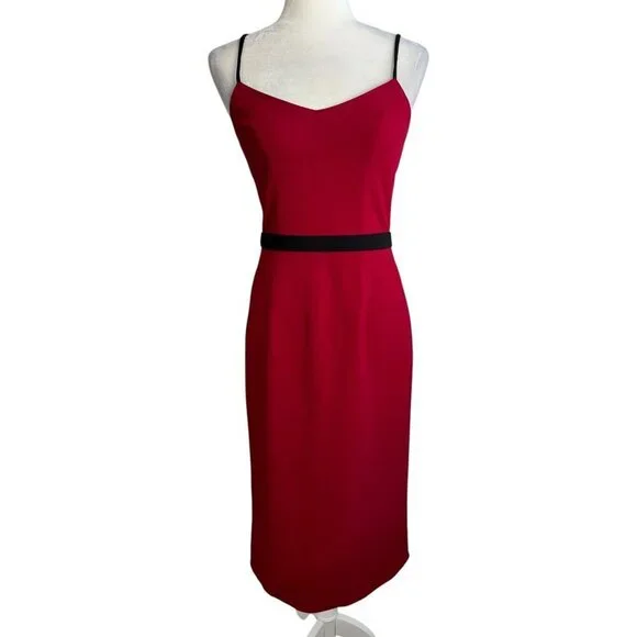 Dress the Population Emma V Neck Red Sleeveless Belted Holiday Midi Dress Size S Midi